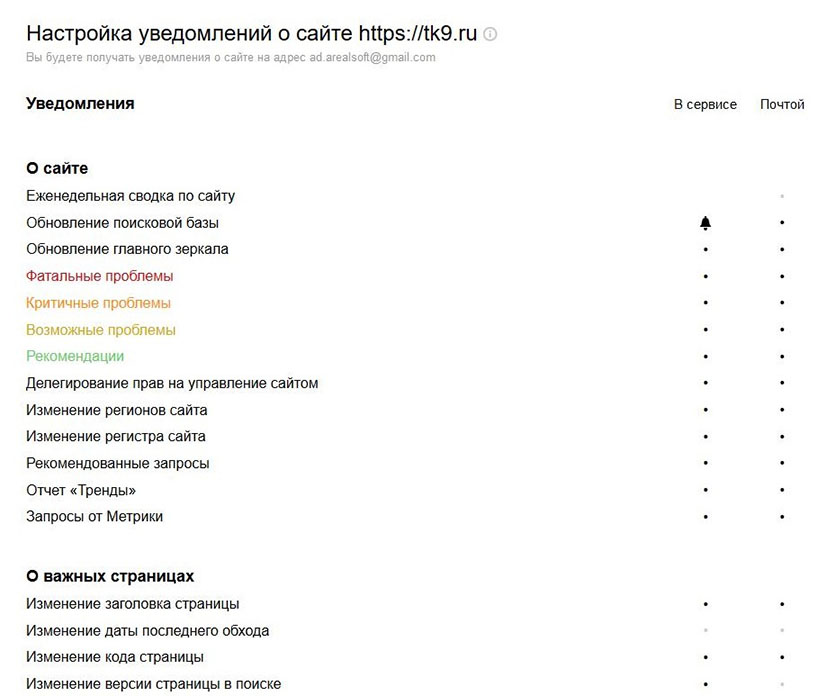 Уведомления в Яндекс Вебмастере